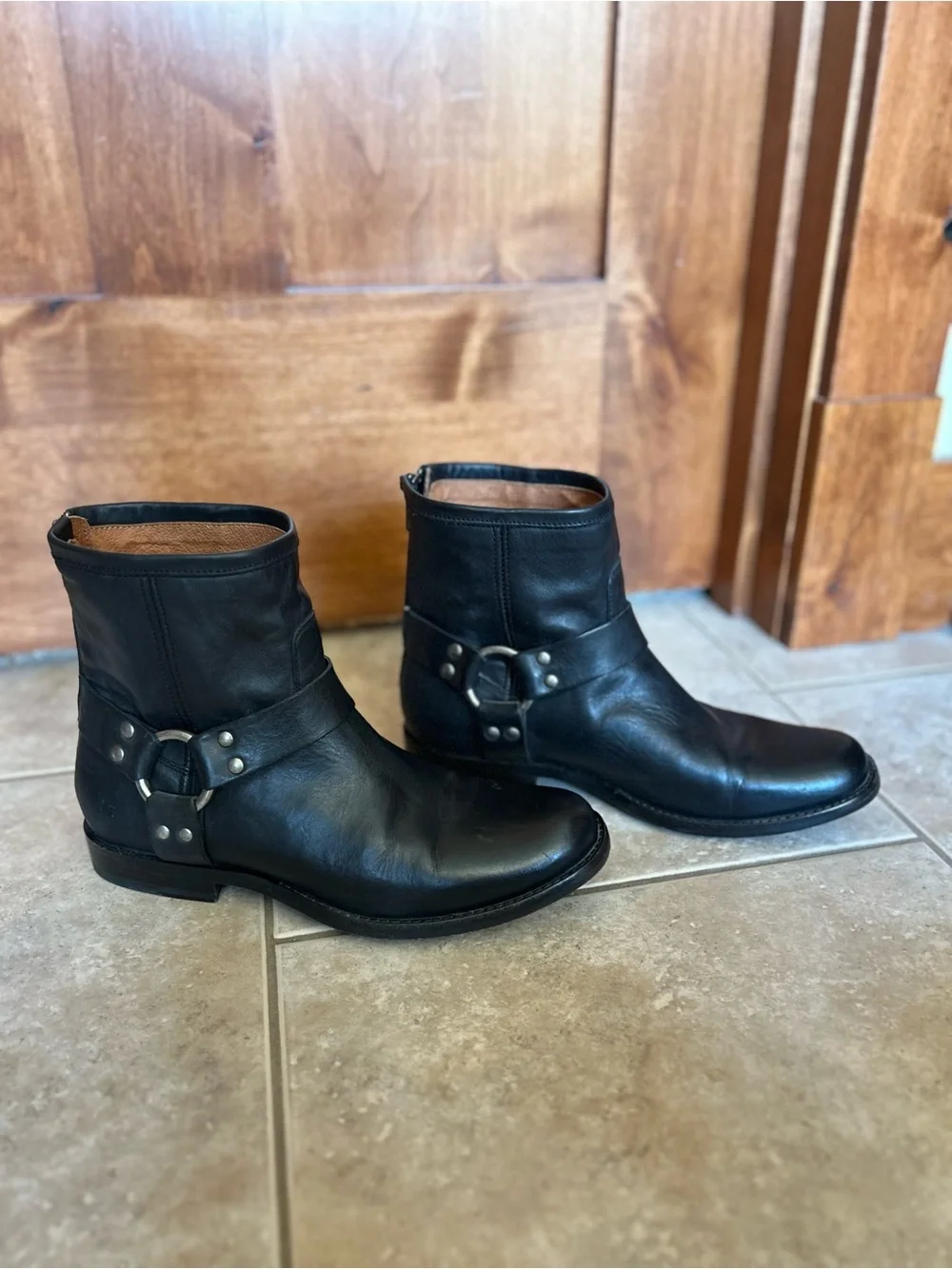 Frye Black Leather Harness Booties